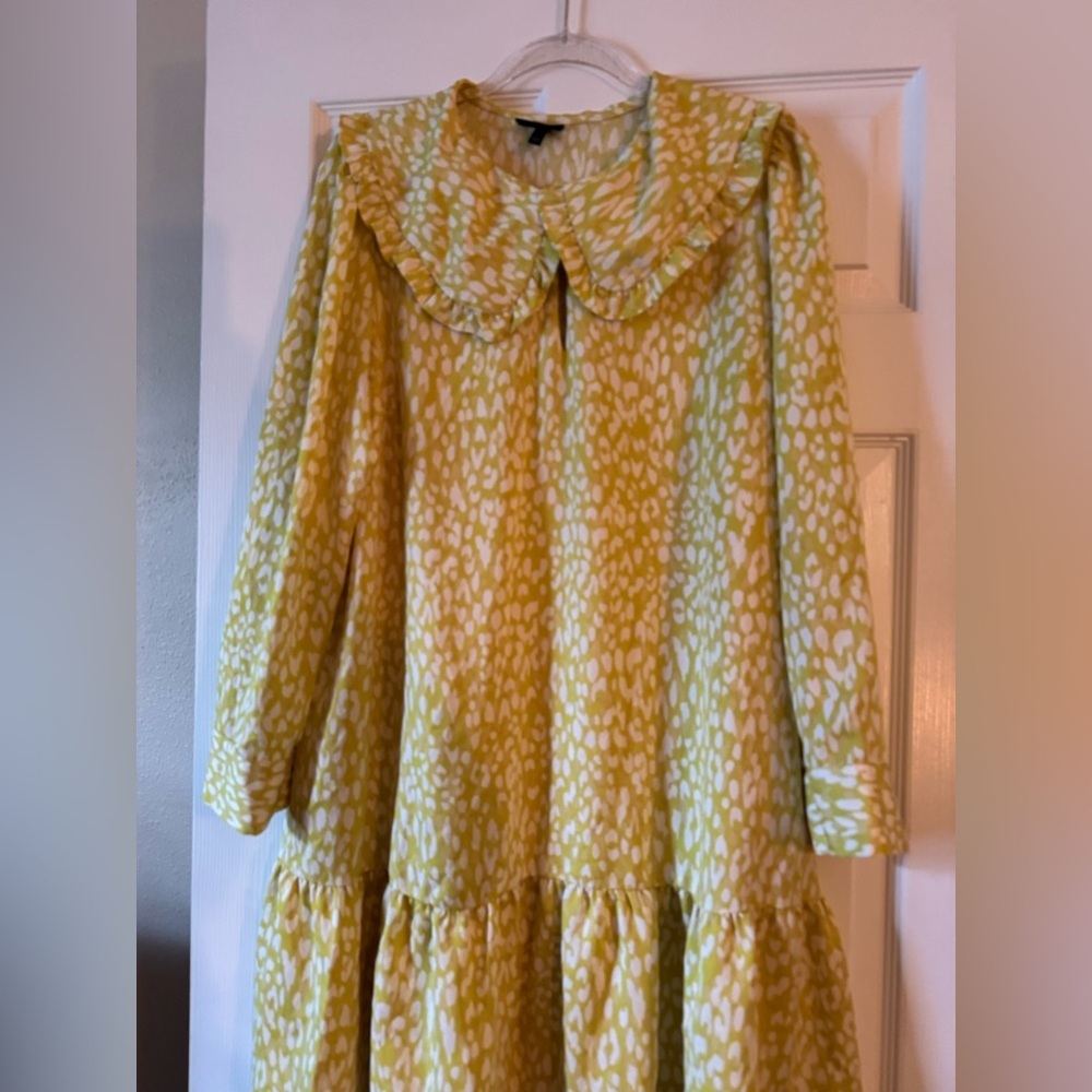 Who What Wear Yellow Printed Long Sleeve Ruffle Collar Dress